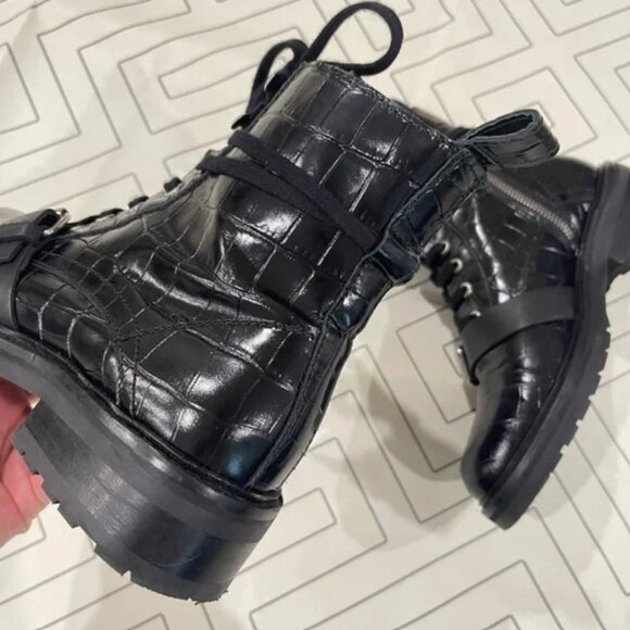 All Saints Embossed Crocodile Black Leather Combat Boots, Size 38 - Picture 9 of 10
